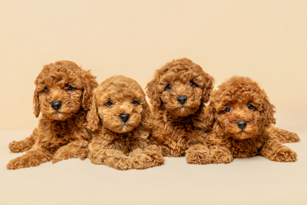 Four red Cavoodle puppies photographed in a studio - litter photography Sydney