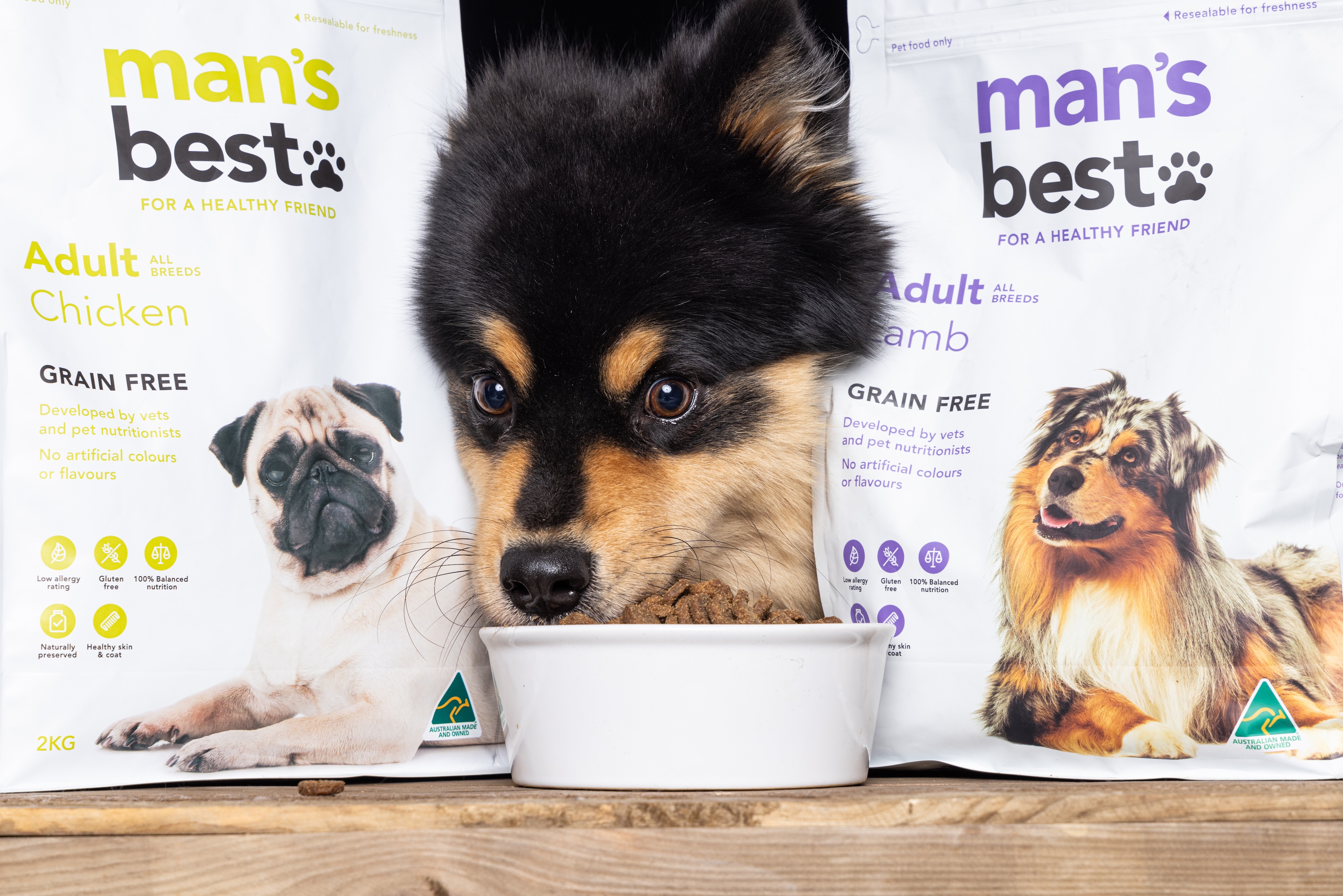 Man's Best dog food Finnish Lapphund product photography
