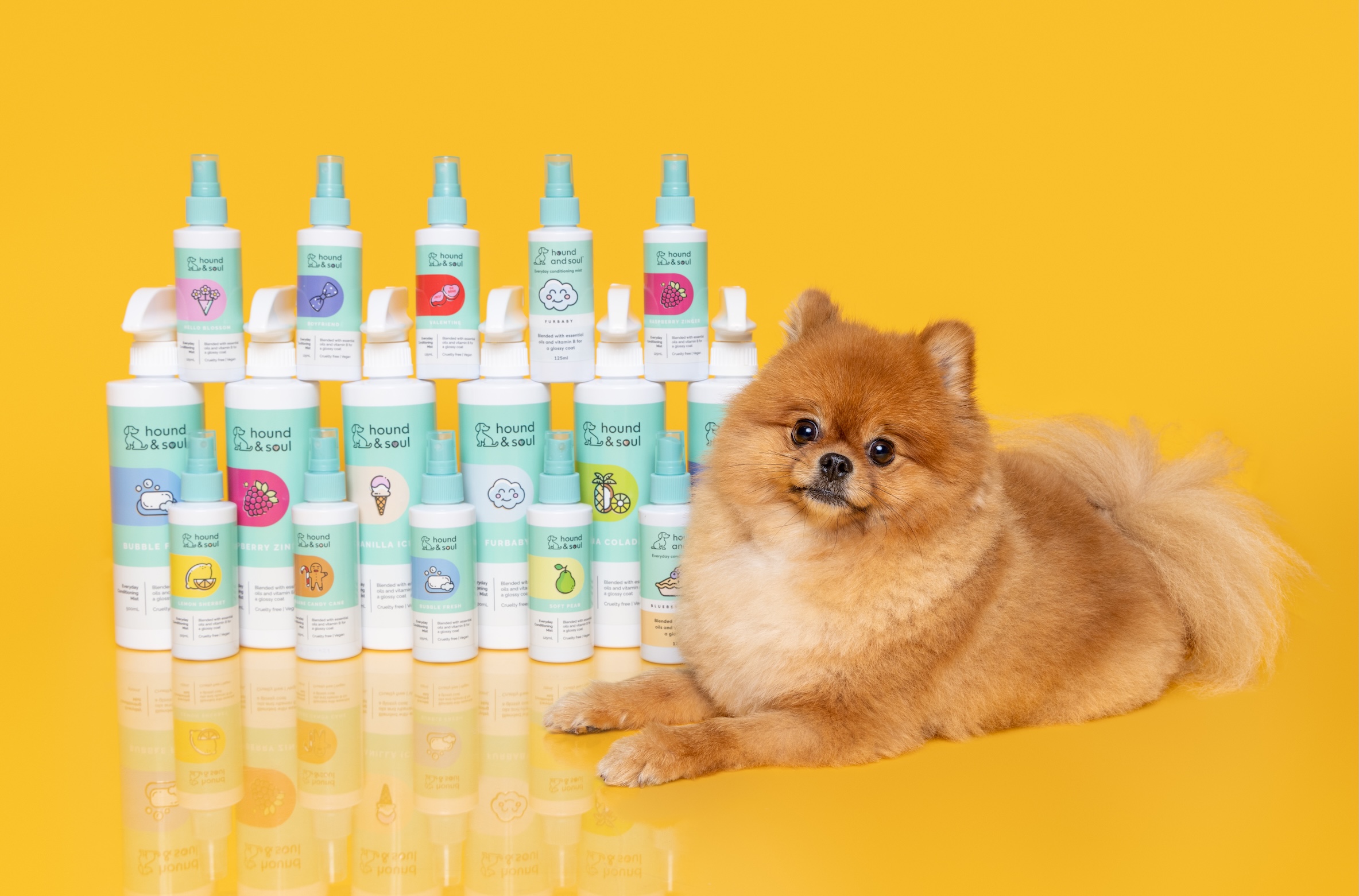 Hound and Soul grooming range Pomeranian product photography
