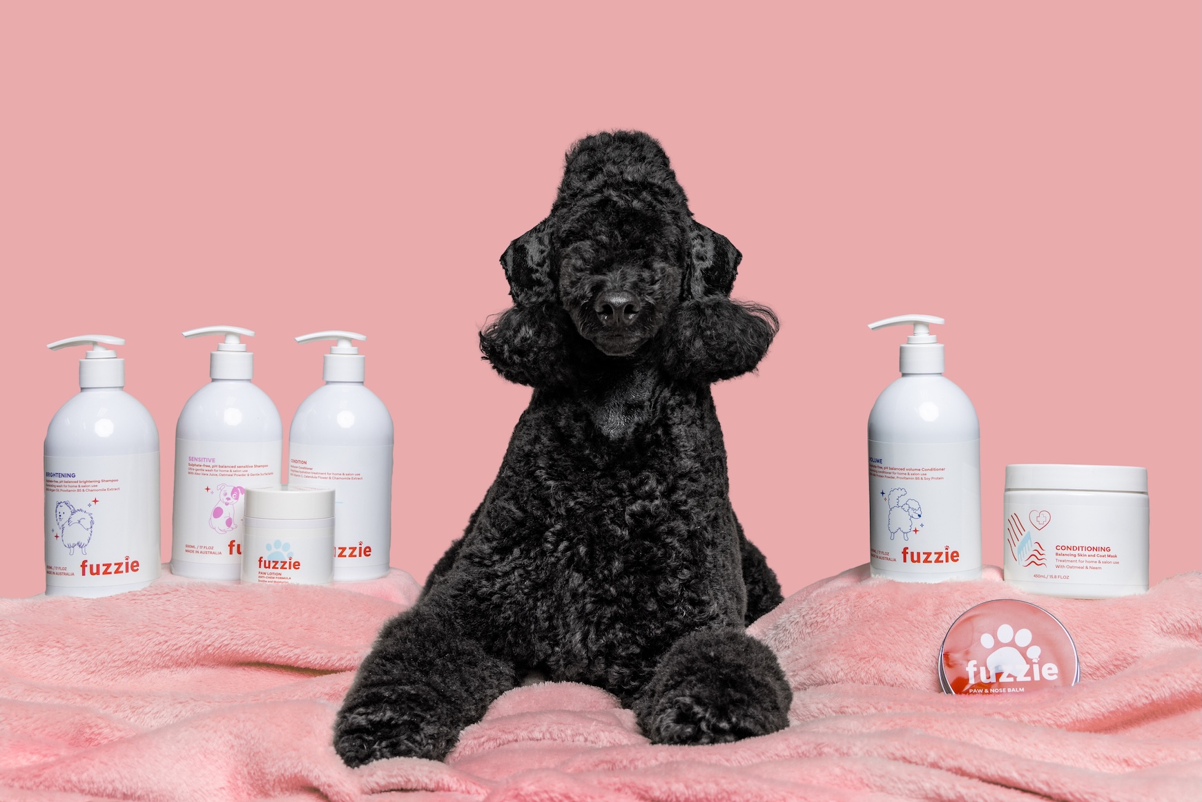 Fuzzie pet grooming poodle product photography styled shoot