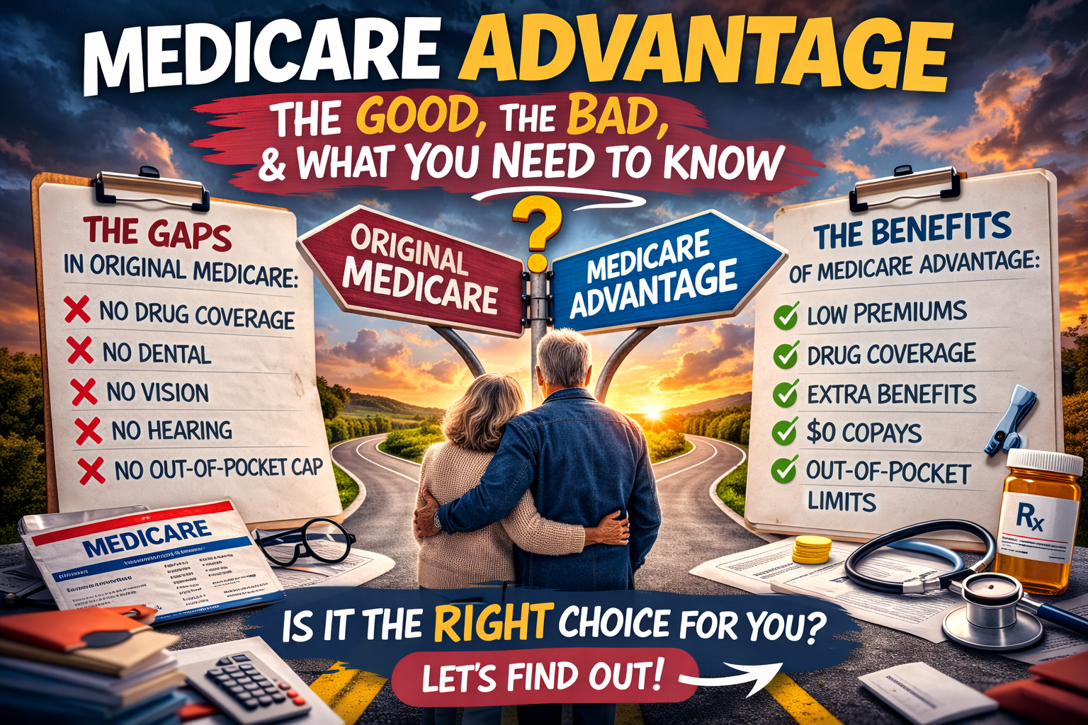 Dramatic illustration of a senior couple standing at a crossroads between Original Medicare and Medicare Advantage, highlighting the pros, cons, and coverage differences.