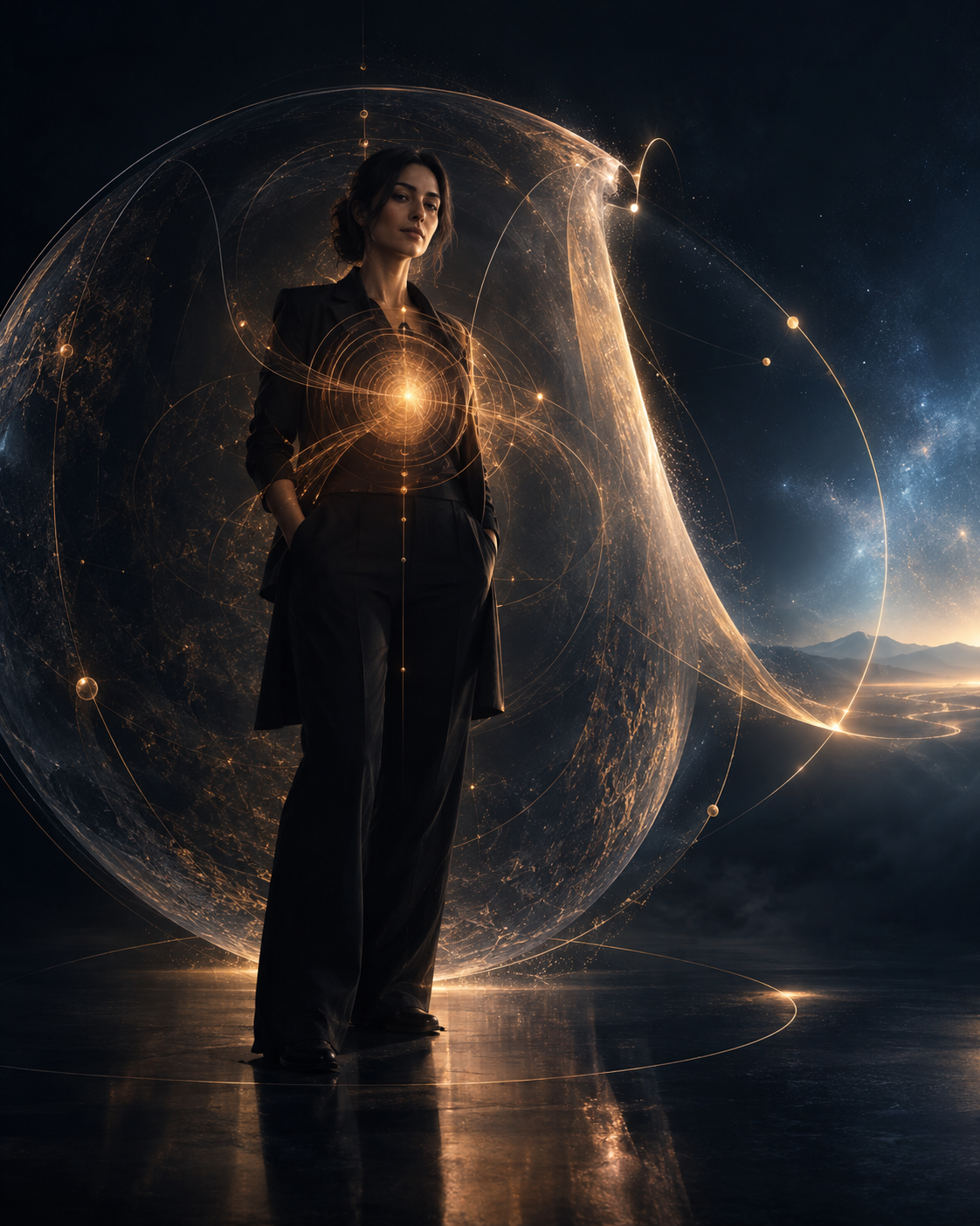 A contemporary professional figure surrounded by a protective luminous field beginning to open
