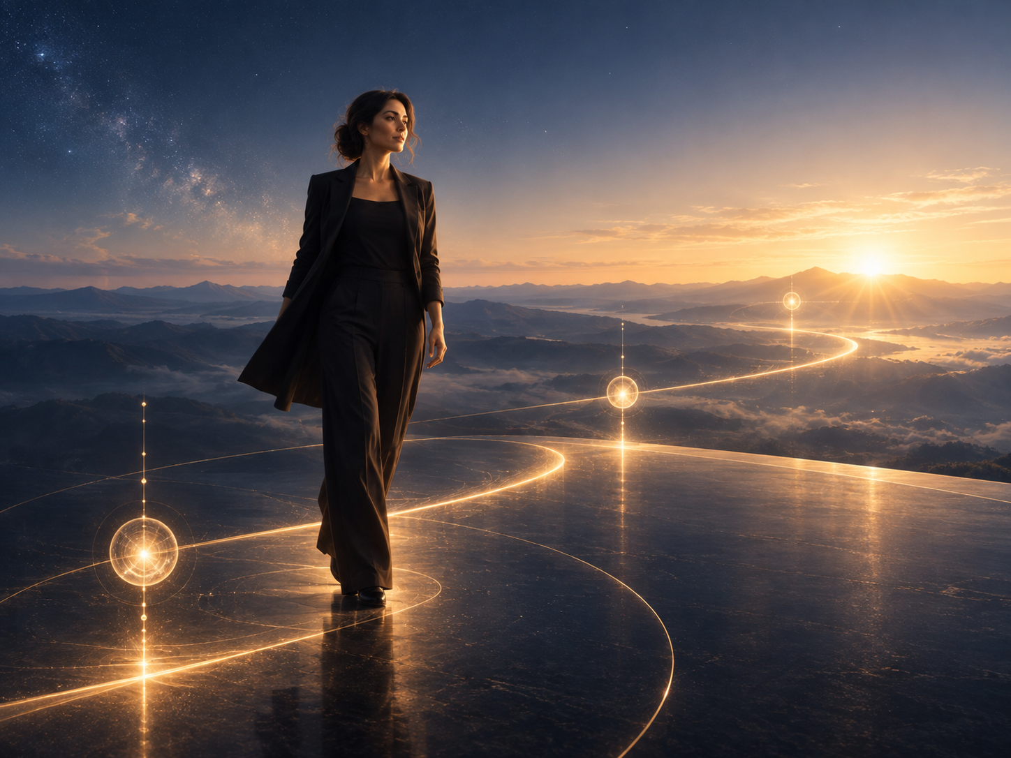 A professional figure walking forward along a luminous path toward a bright horizon