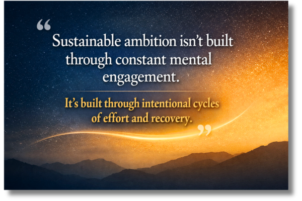 “Motivational quote graphic about sustainable ambition, effort and recovery on a blue and gold gradient background.”