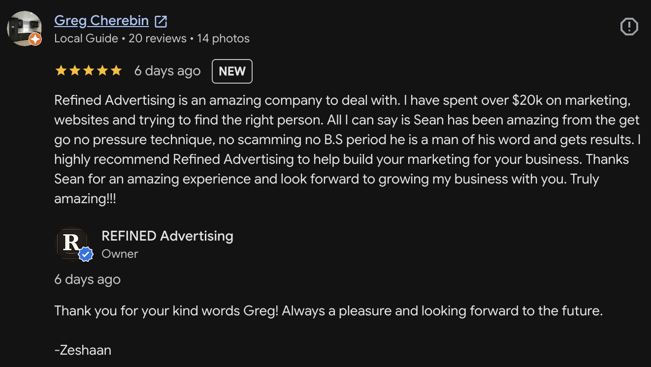 Home service contractor review screenshot with 5 stars