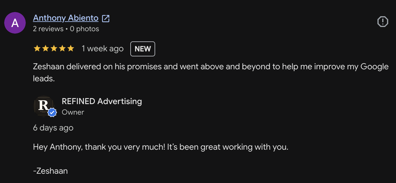 Google Business Profile review showing customer satisfaction