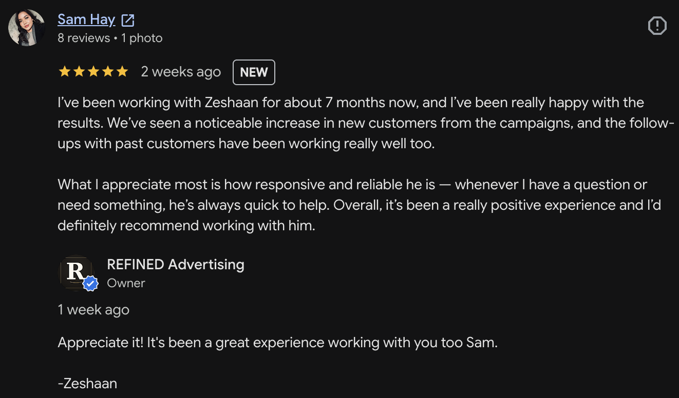 Positive customer feedback and 5-star review screenshot