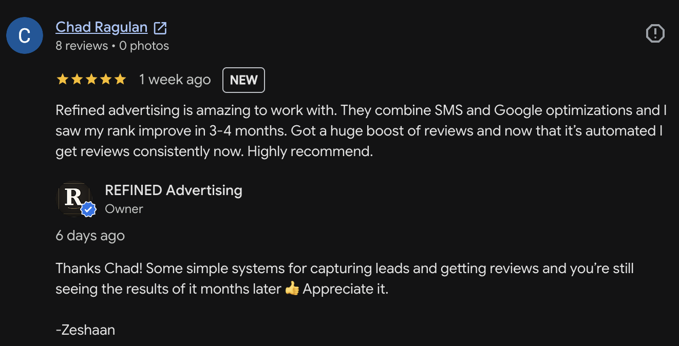 Google reviews dashboard showing increased review count