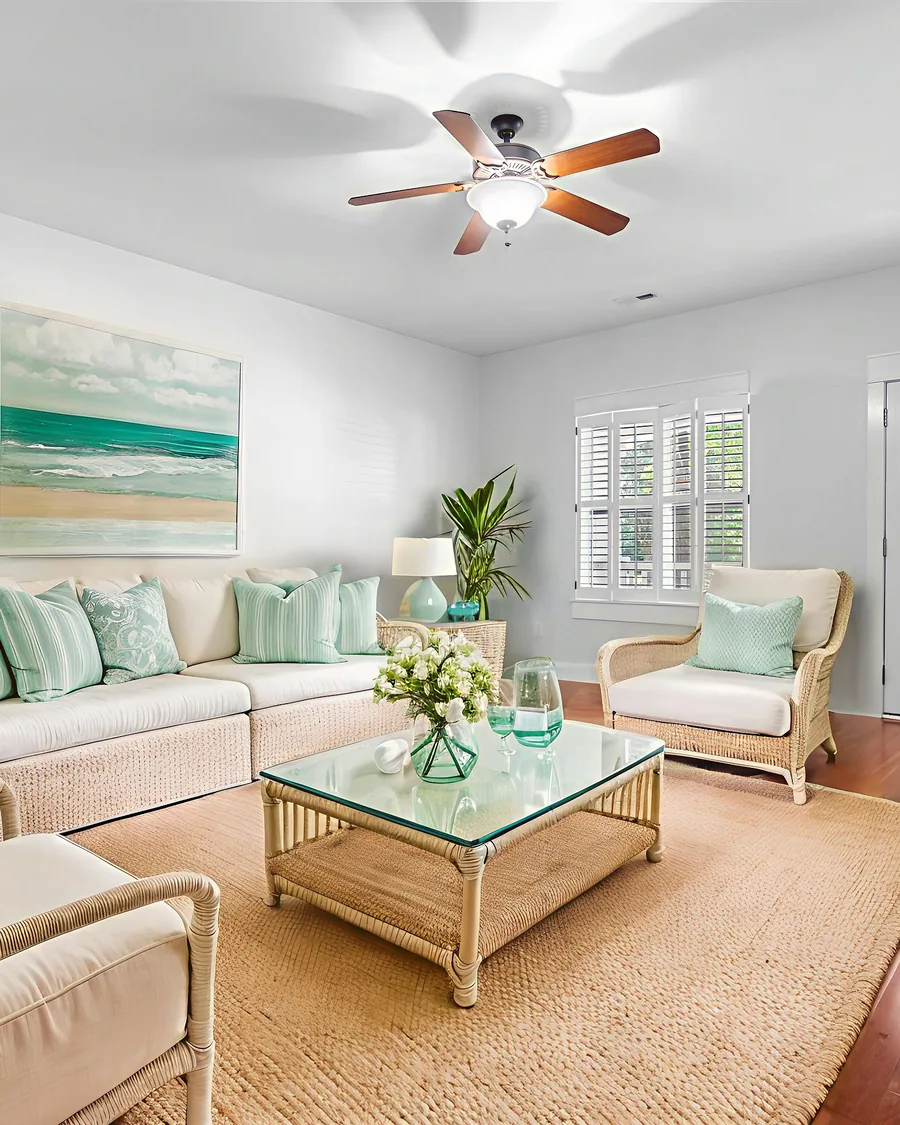 Virtual staging of an empty bedroom staged with bed, rug, and wall art