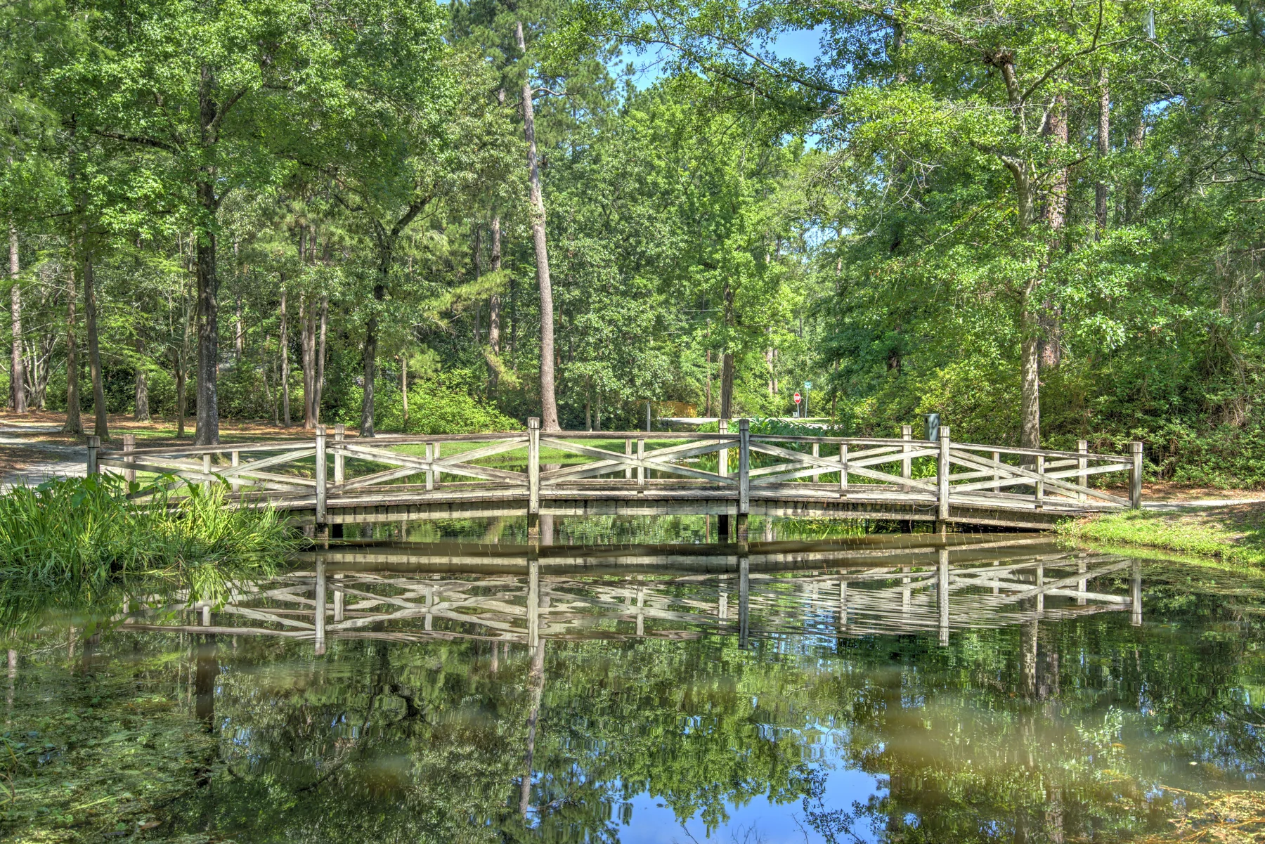 Aerial drone photo of a wooden bridge over a pond surrounded by trees