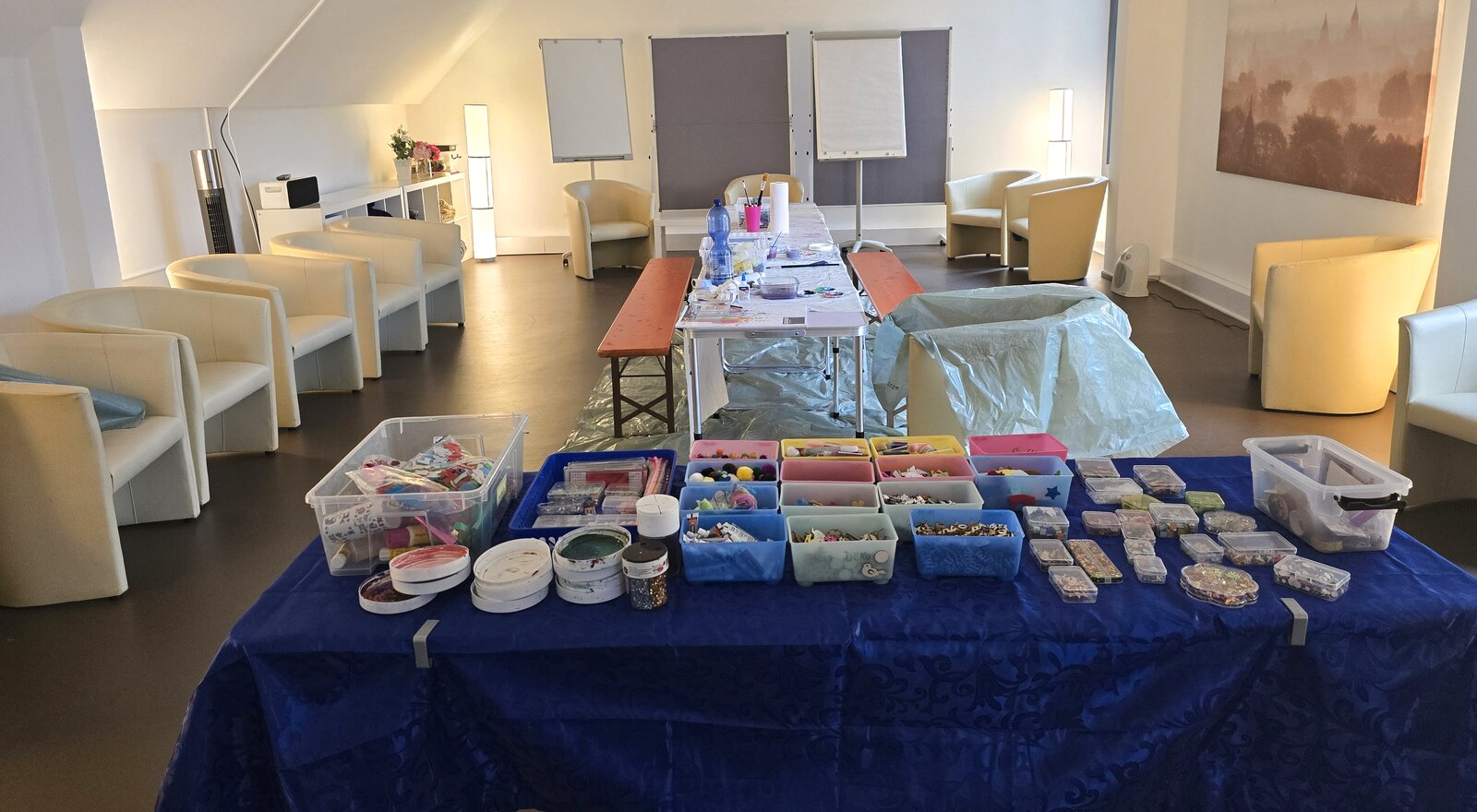 The CreativitySpace with materials prepared on the tables