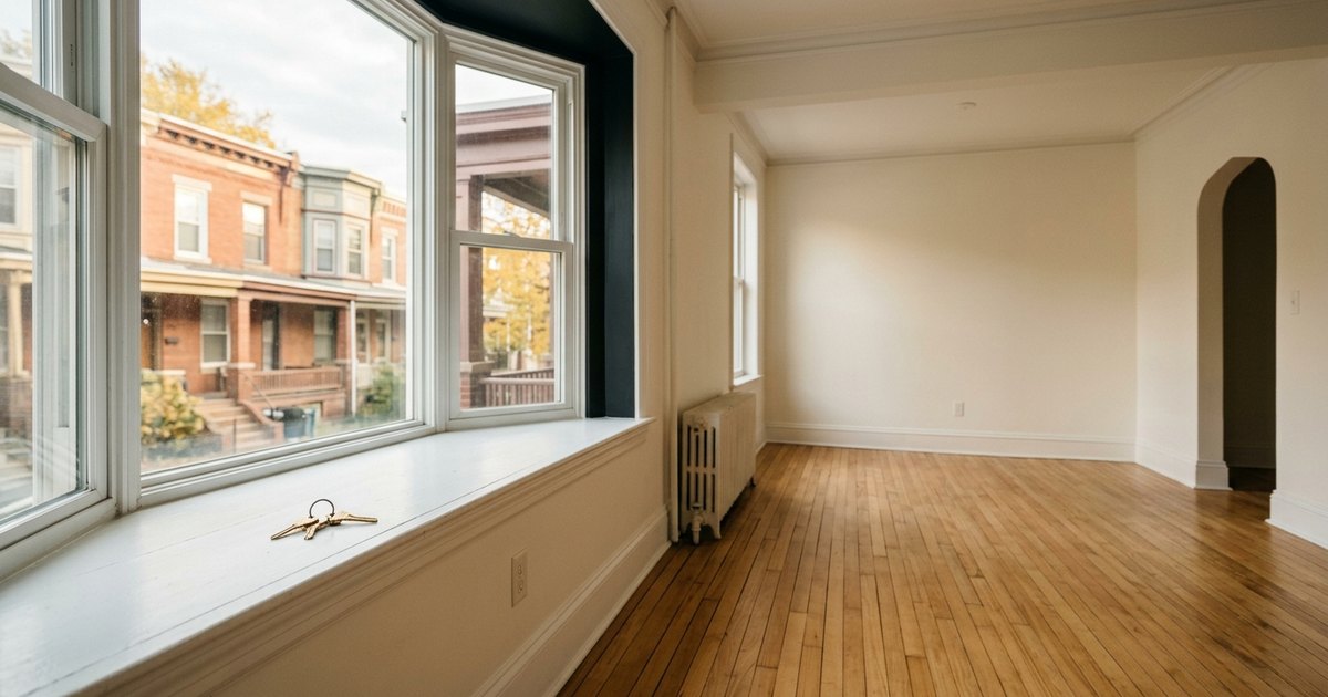First time home buyer touring an empty Philadelphia rowhome living room, the kind of purchase first time home buyer programs in PA help fund