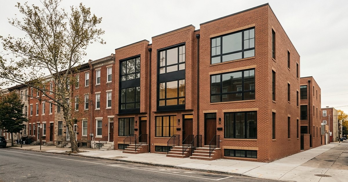 Philadelphia tax abatement on new construction rowhomes with fresh brick facades on a city block
