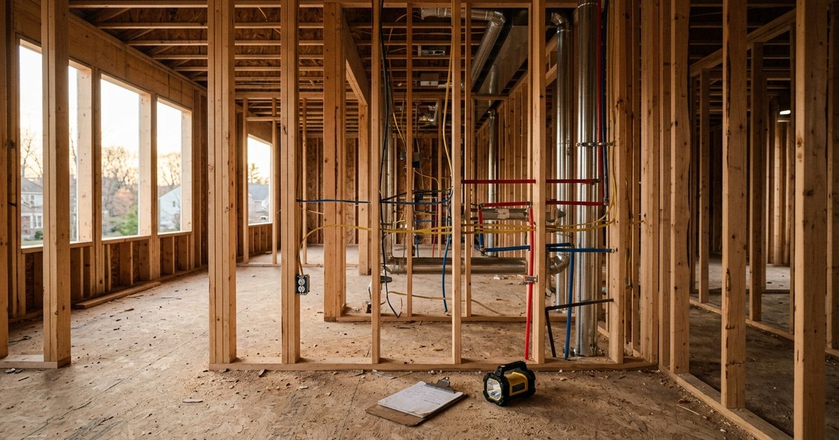 Pre drywall inspection of a new construction home in Pennsylvania with open wood framing, wiring and ductwork visible