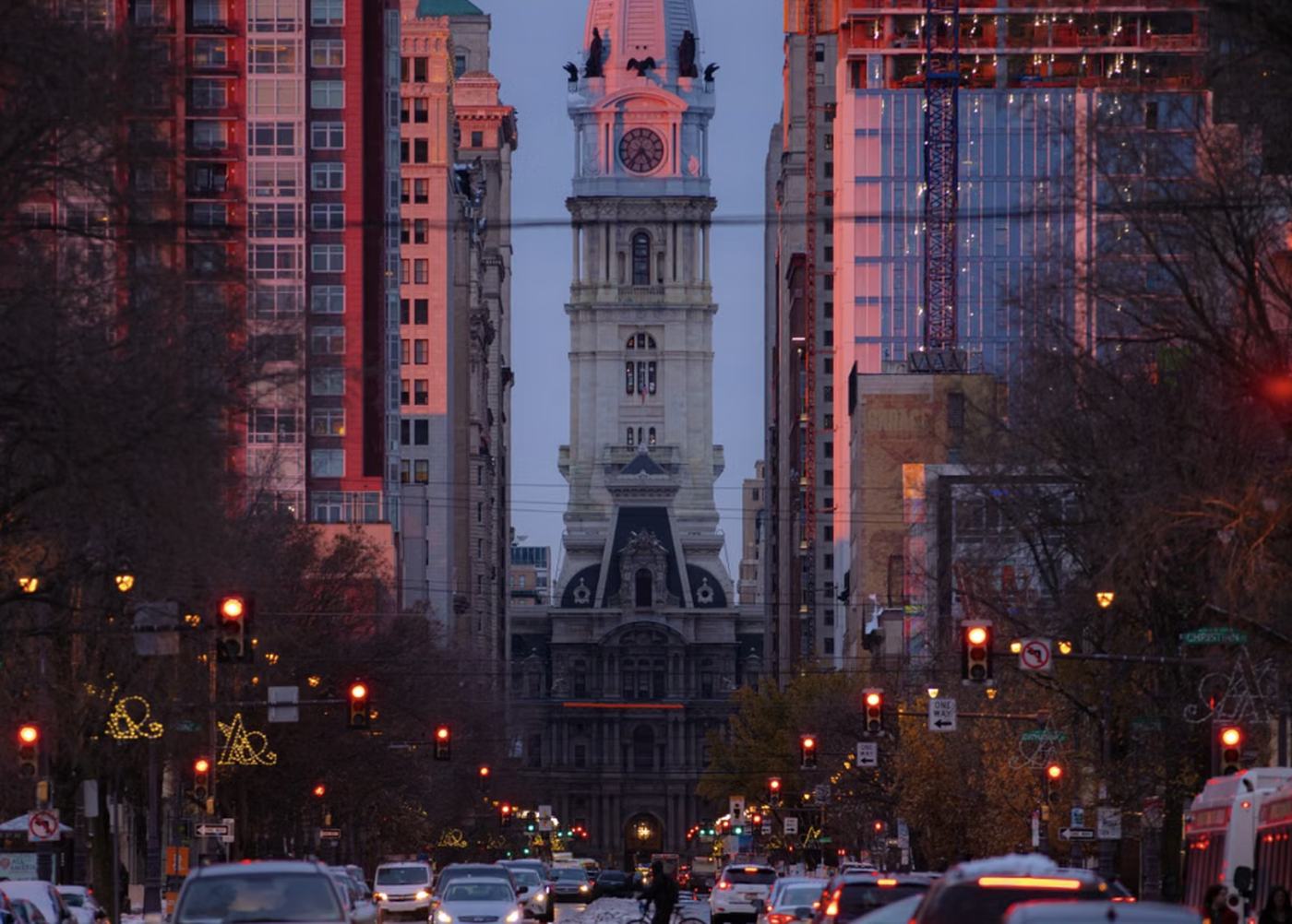 South Broad Street looking toward Philadelphia City Hall at dusk