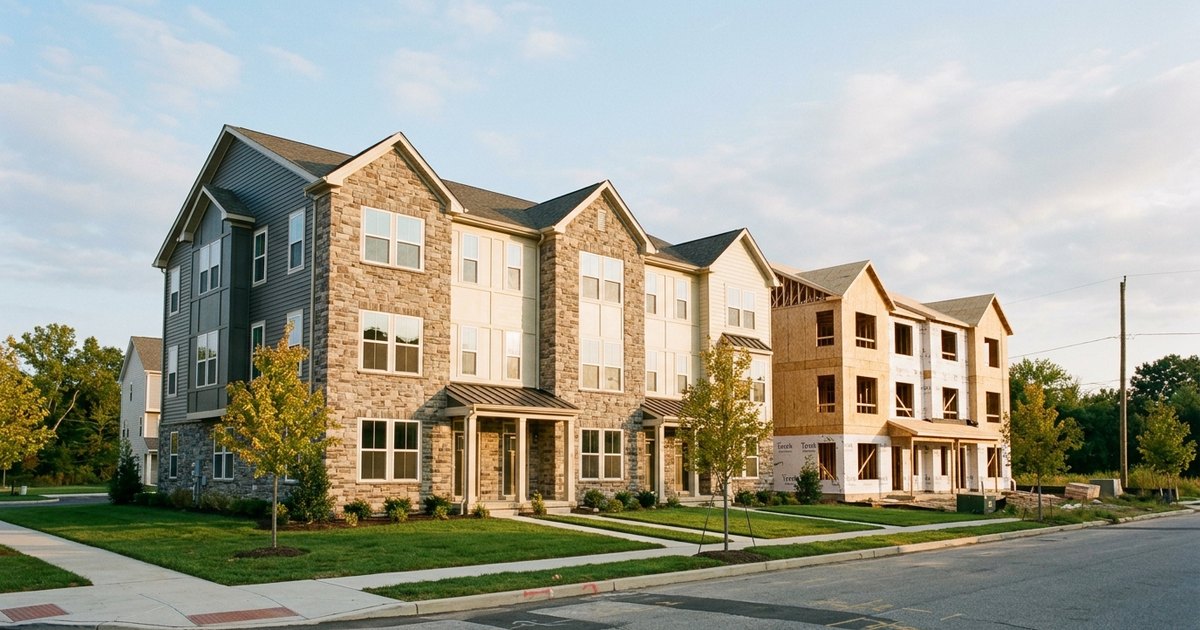 New construction homes in PA, a row of newly framed townhomes in a suburban Philadelphia community