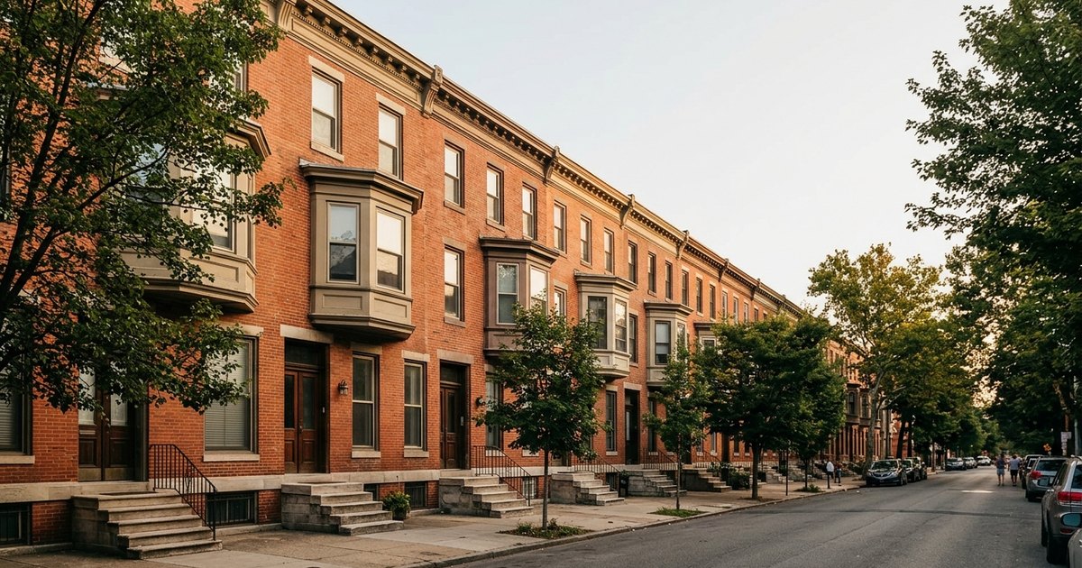 Row of brick Philadelphia rowhomes on a quiet street, the kind of homes Philadelphia property tax is assessed on