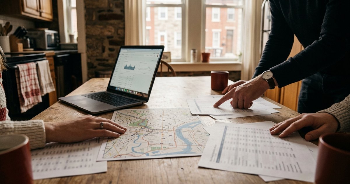 Agent reviewing a comparative market analysis with printed comparable sales at a kitchen table in a Philadelphia stone twin