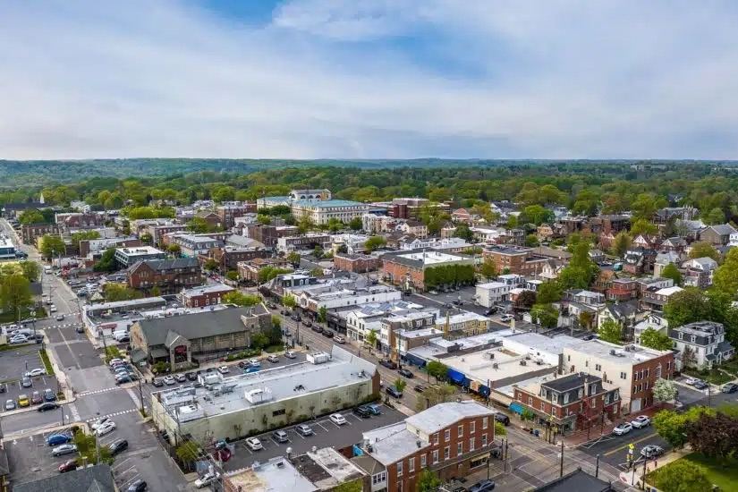 Aerial view of a walkable Delaware County borough downtown