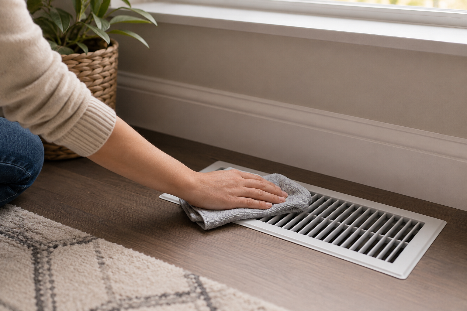 a person wiping down a heater vent with a cloth
