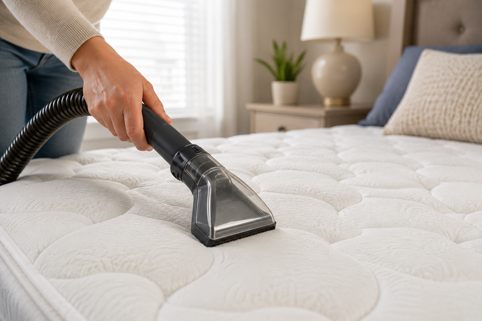 a vacuum cleaner with upholstery attachment on a mattres