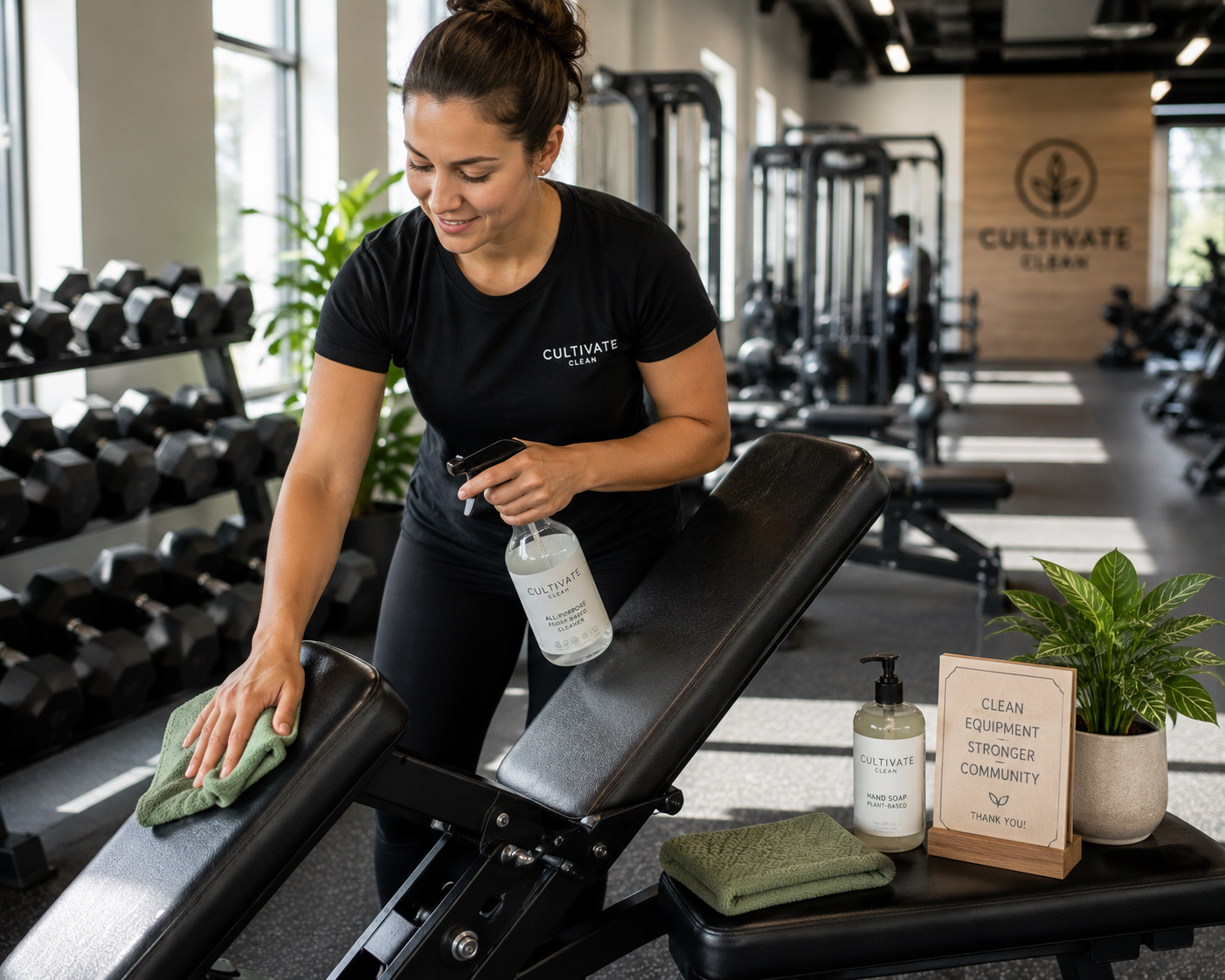 a staff member wiping down gym equipment with eco-friendly products