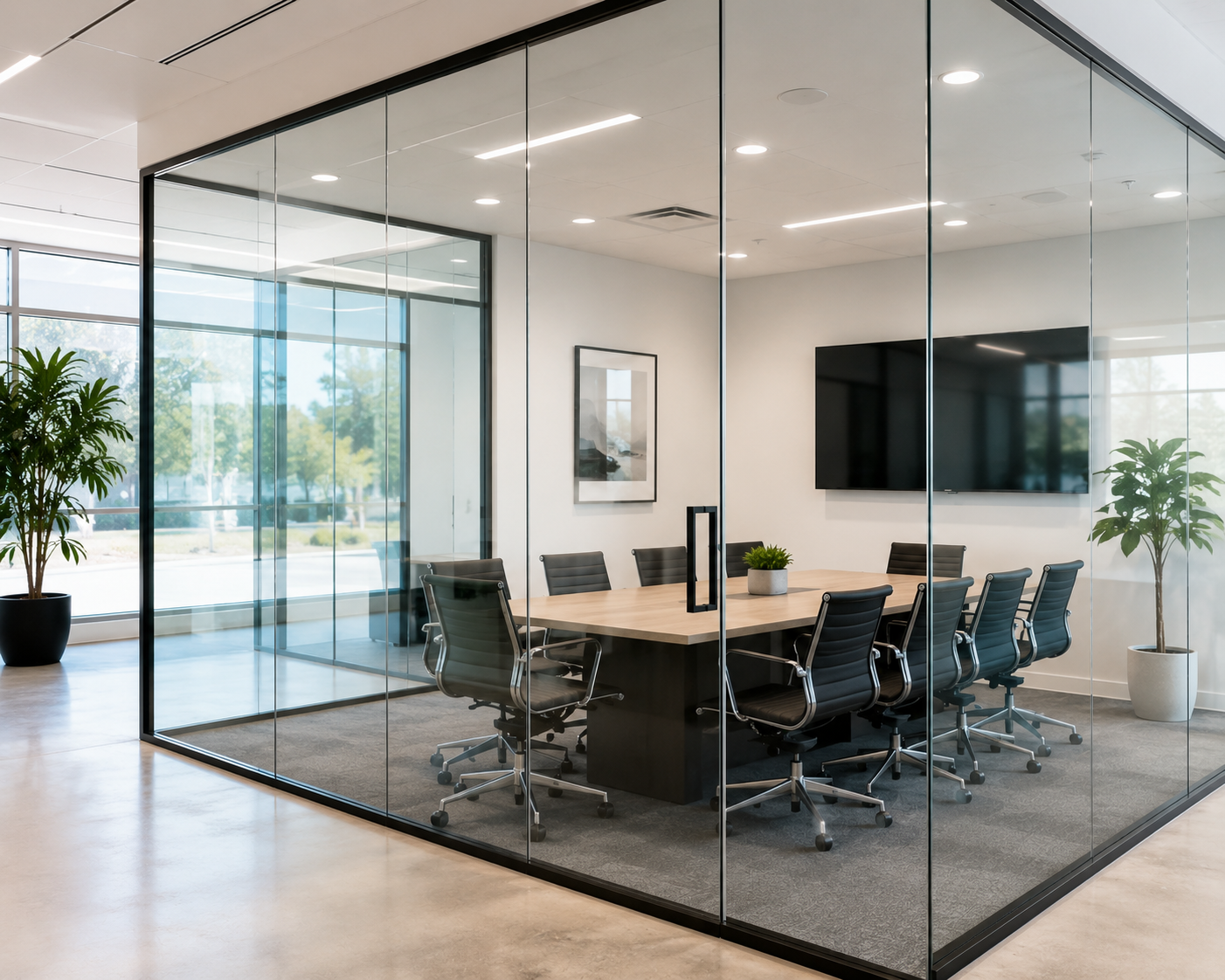 a clean glass meeting room partition with no smudges
