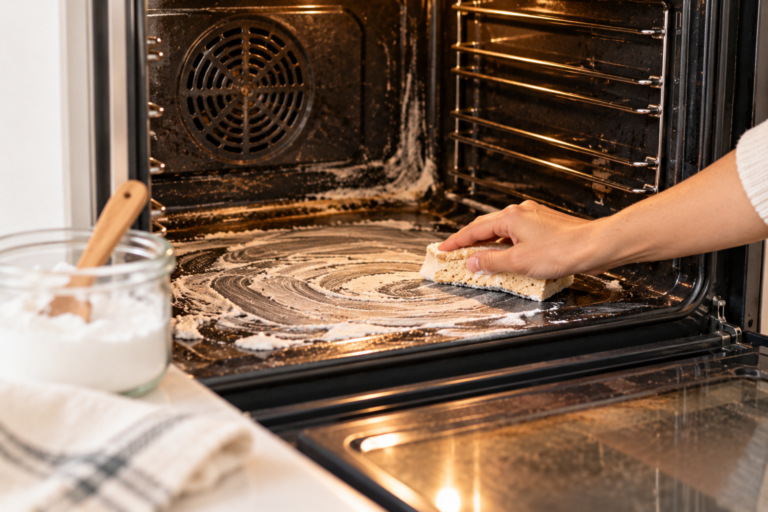 bicarb soda paste being applied inside an oven