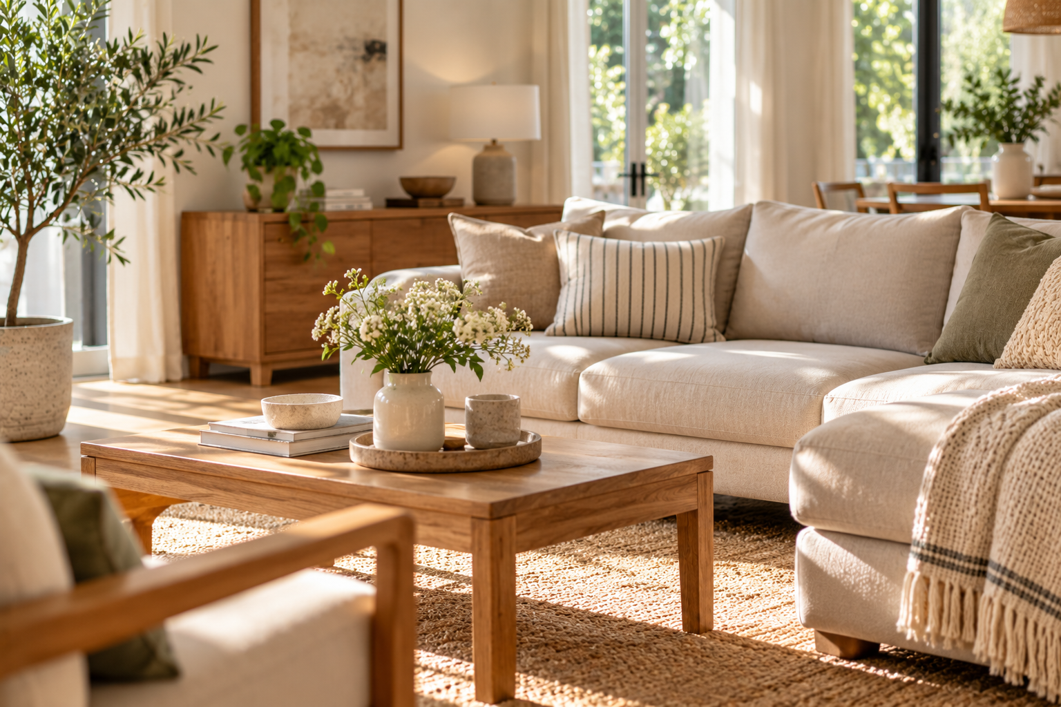 a tidy, lived-in living room, natural light, relaxed but clean