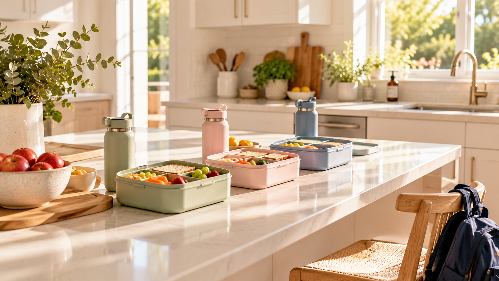 a tidy kitchen bench with lunchboxes lined up for the morning