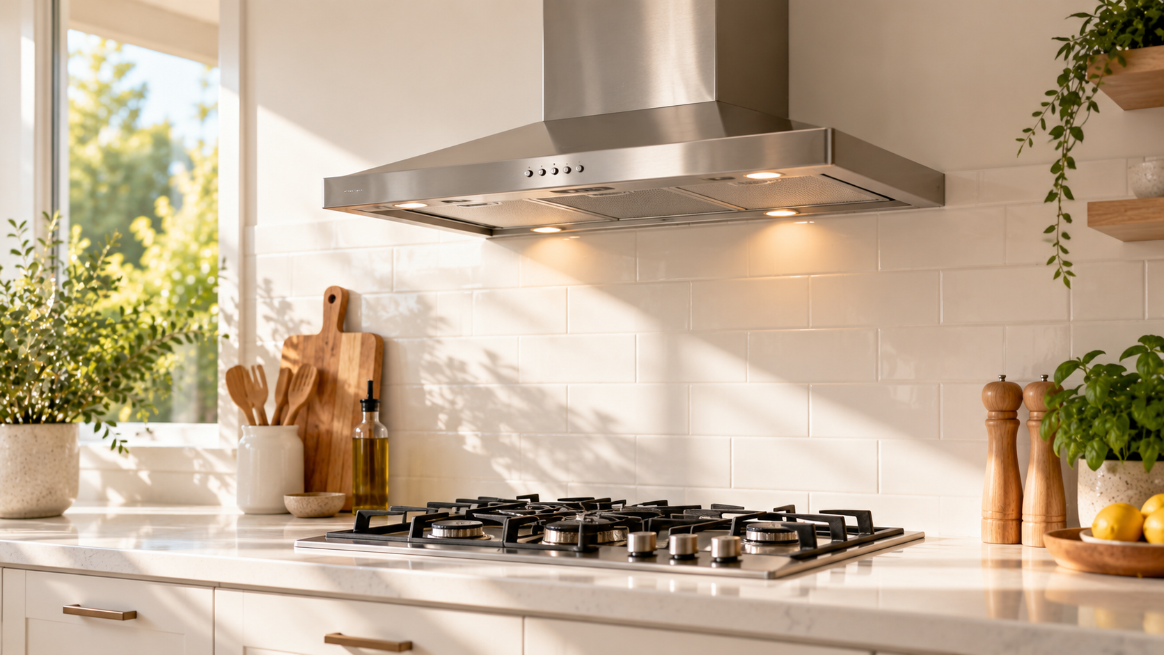 a clean stainless steel rangehood above a gas cooktop