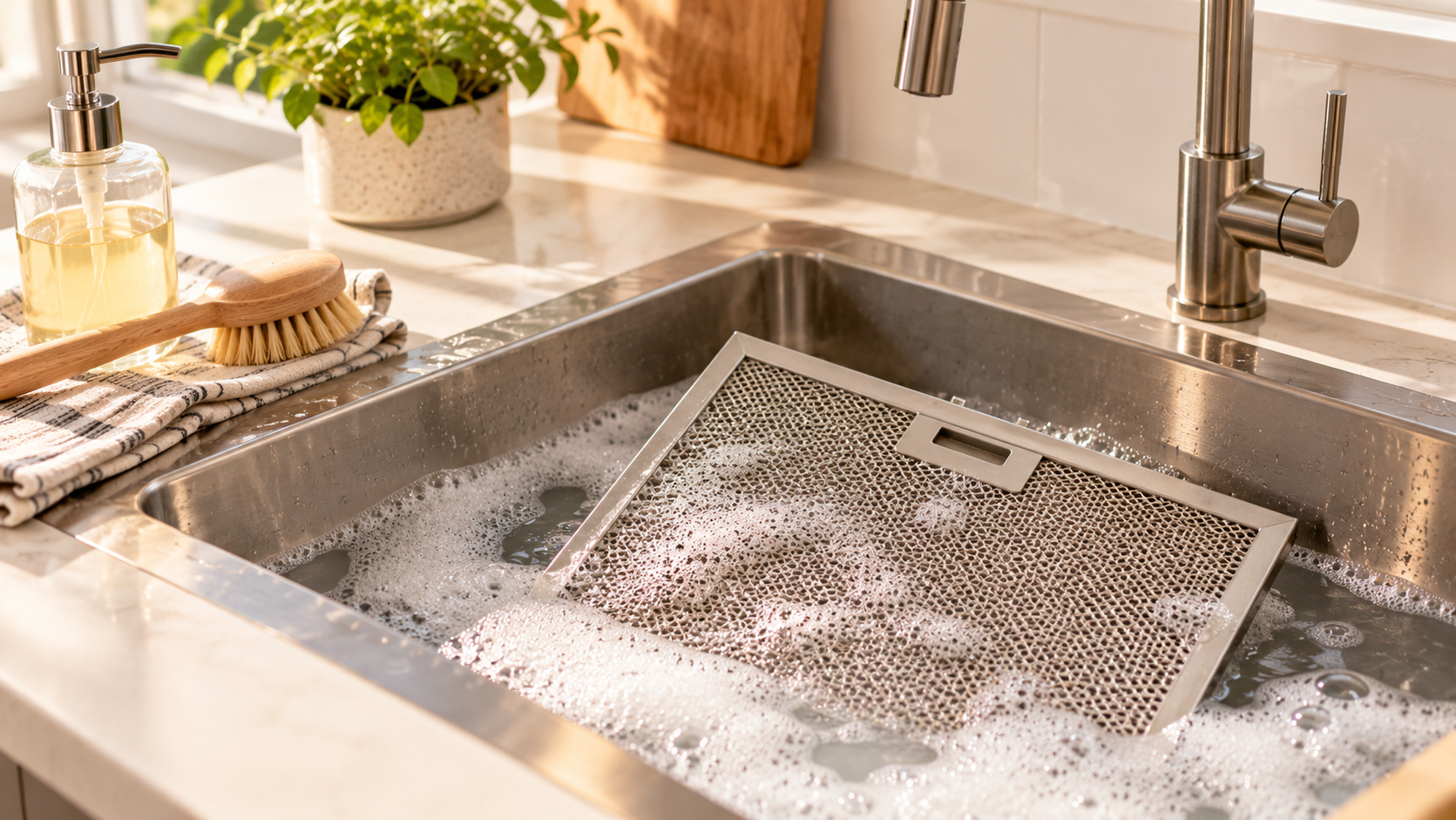 a rangehood filter soaking in a sink of hot, soapy water
