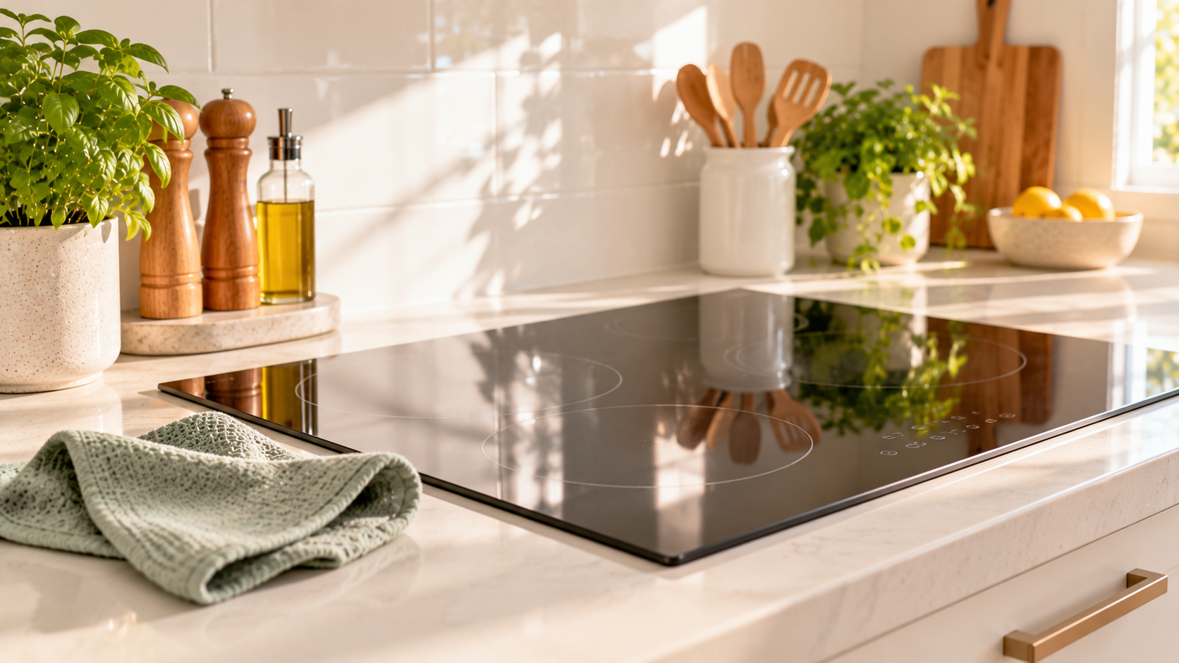 a clean, glossy glass stovetop with a microfibre cloth beside it]