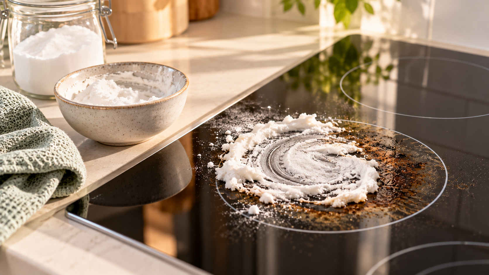 bicarb soda paste sitting on a burnt spot on a glass stovetop