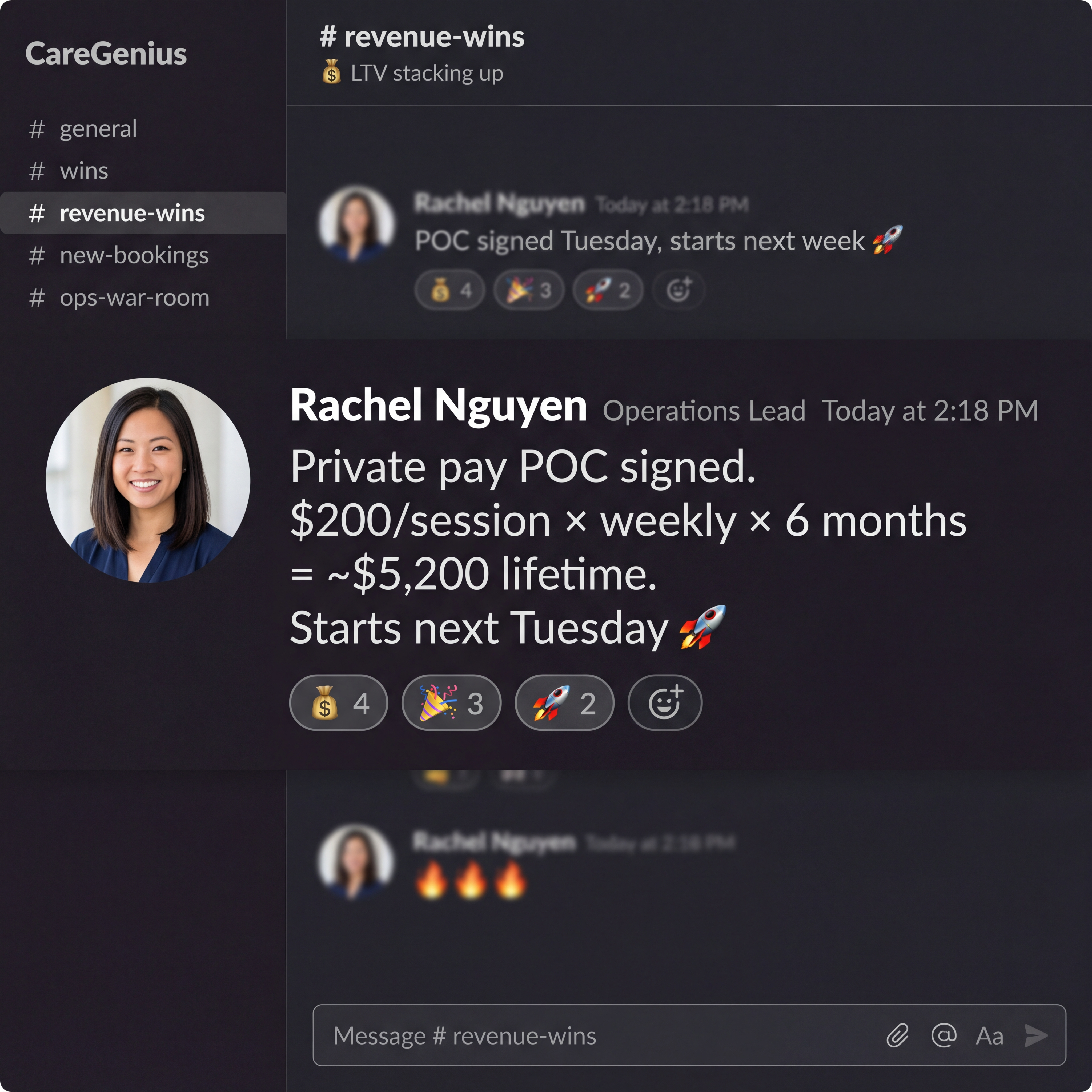 Slack message: Private pay POC signed. $200/session, weekly, six months, ~$5,200 lifetime value. Starts next Tuesday.