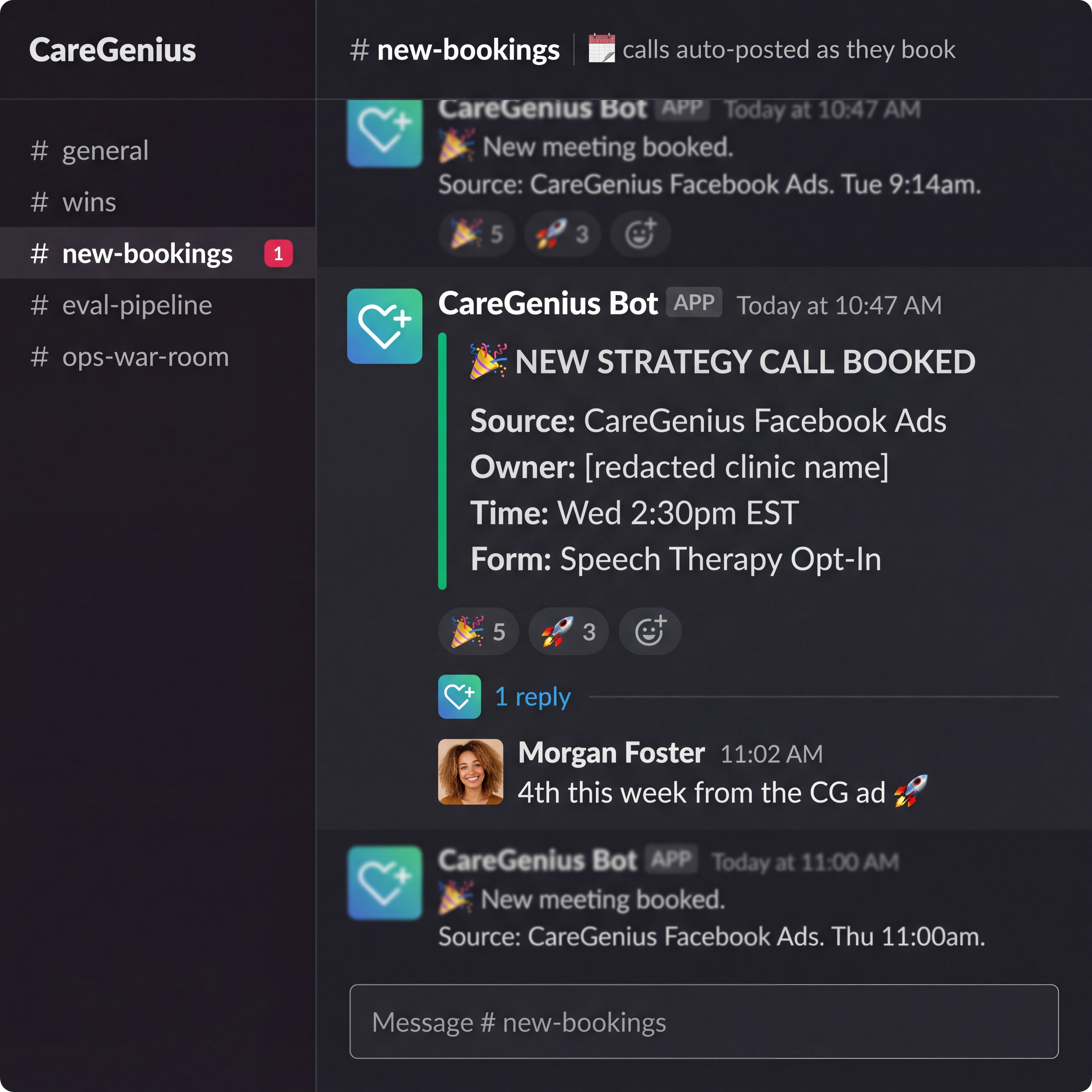 CareGenius Bot Slack notification: New strategy call booked from CareGenius Facebook Ads, speech therapy opt-in form, 4th this week.
