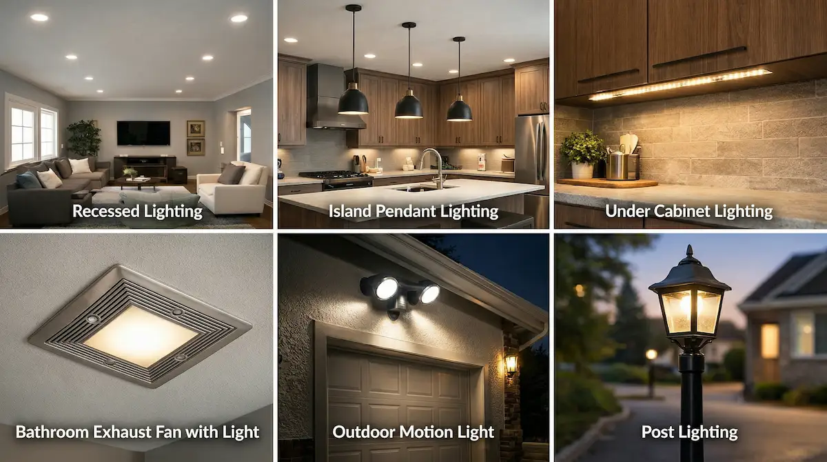Lighting examples showing recessed ceiling lights, island pendants and under-cabinet lighting