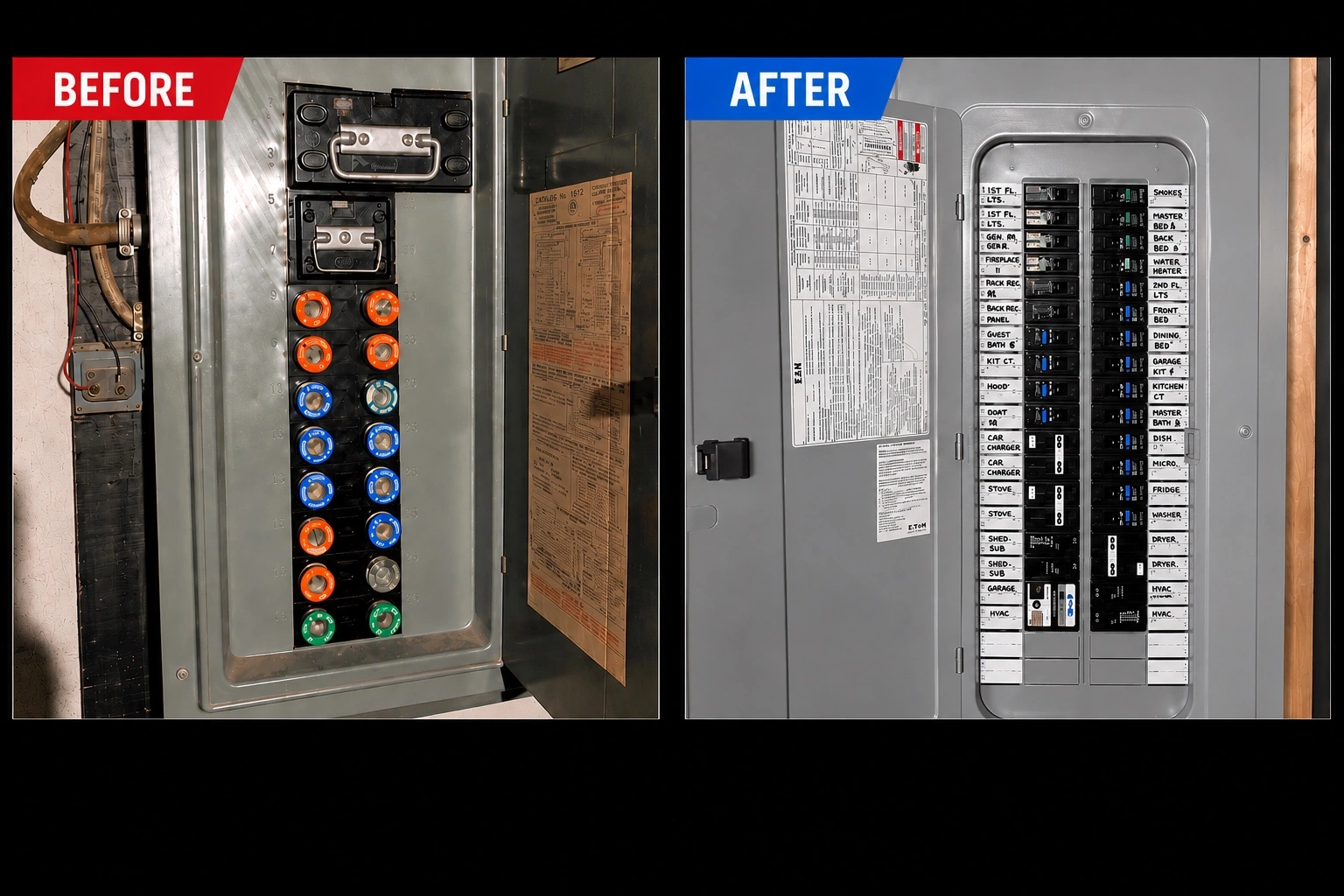 Before-and-after photographs of an older fuse panel and a replacement breaker panel