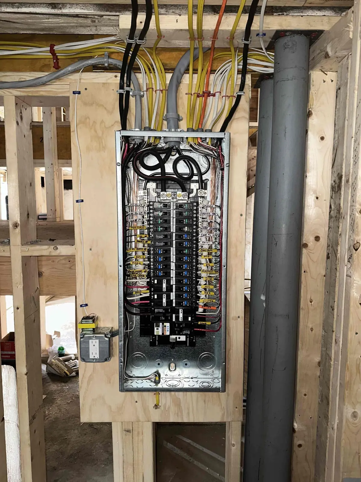 Electrical panel and routed cables during installation