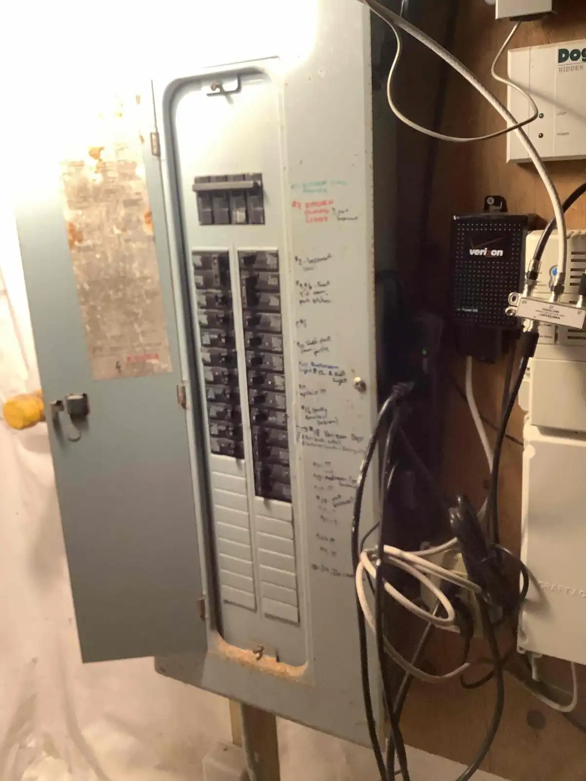 Circuit breakers inside an existing electrical panel with its door open