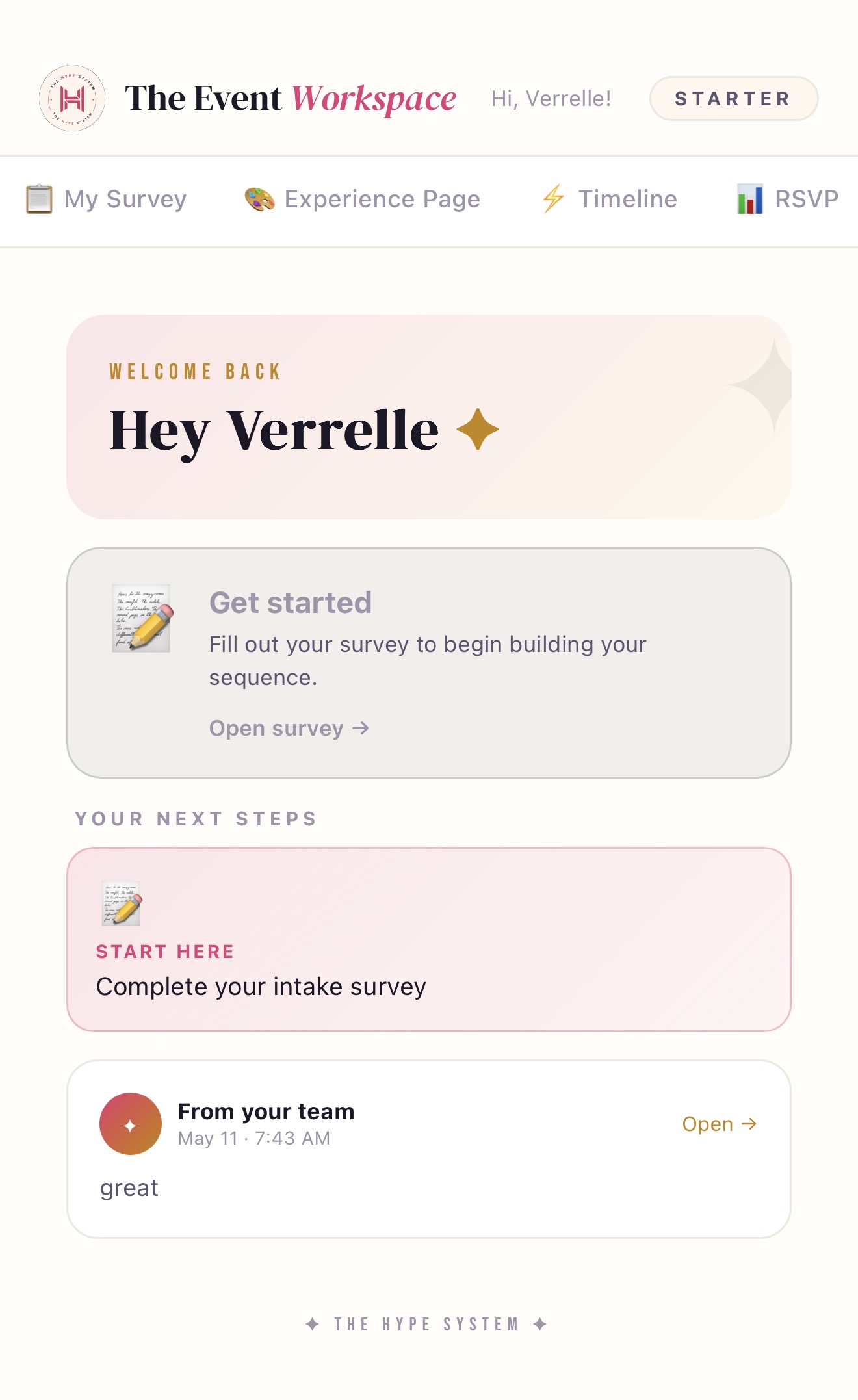 The Event Workspace welcome screen showing Hey Verrelle, intake survey, and next steps.