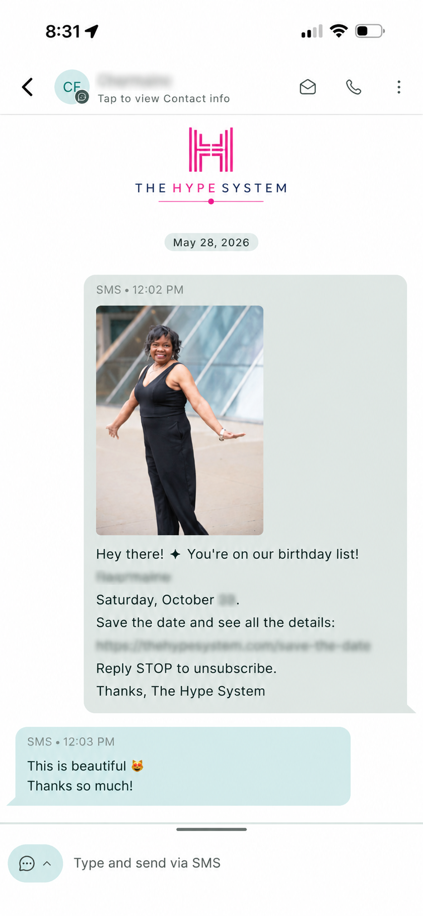 Real client text thread: birthday save-the-date with guest reaction This is beautiful.