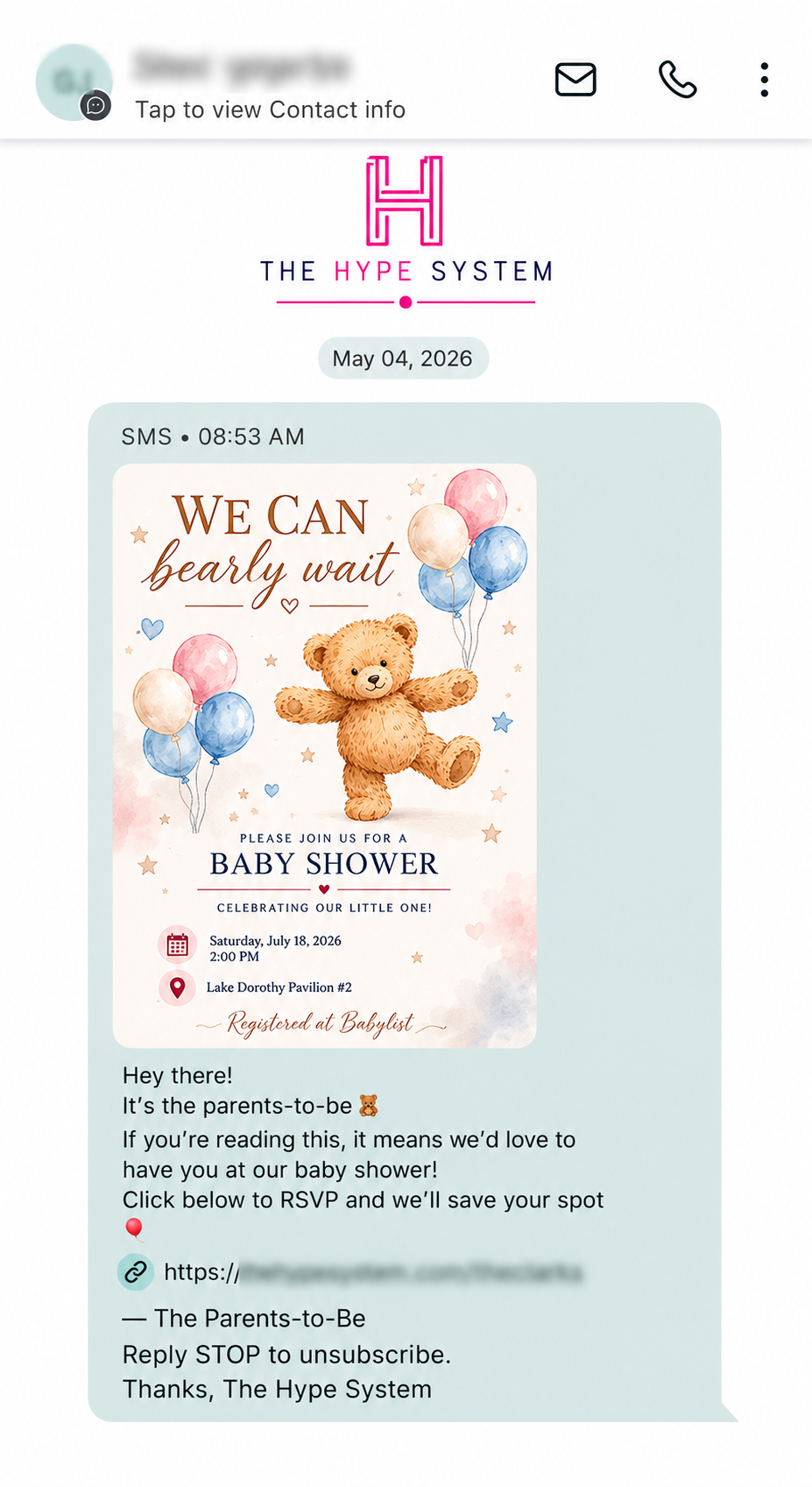 Real client text thread: baby shower invitation with We Can Bearly Wait teddy bear card.