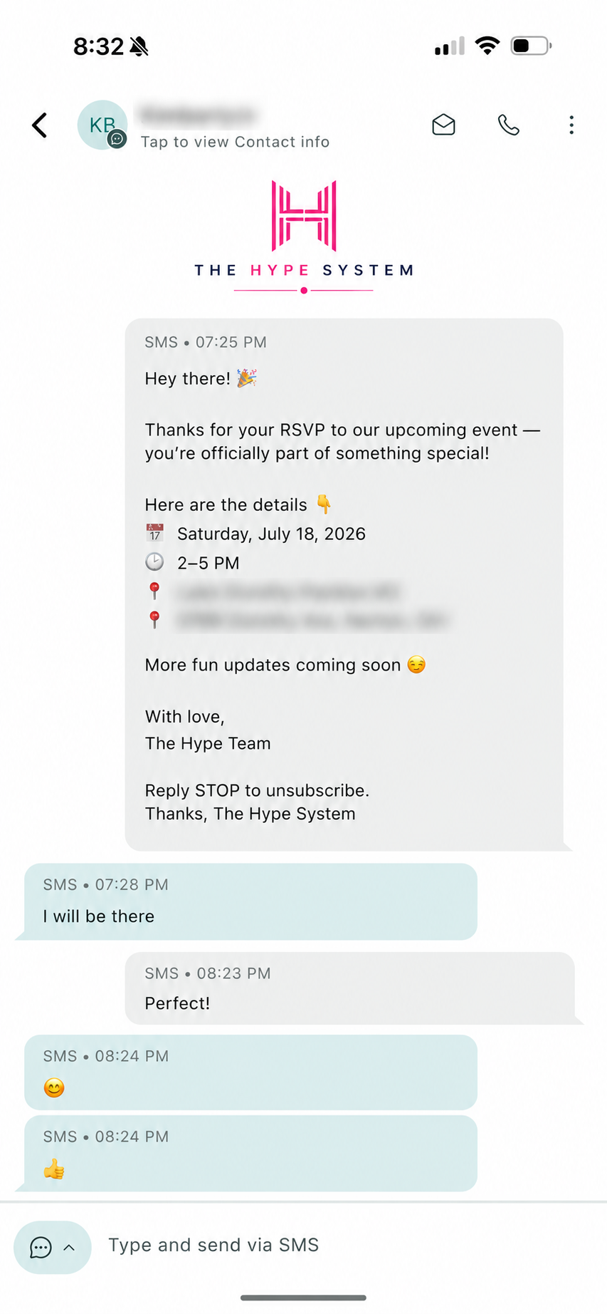 Real client text thread: RSVP confirmation with guest replies I will be there and Perfect.
