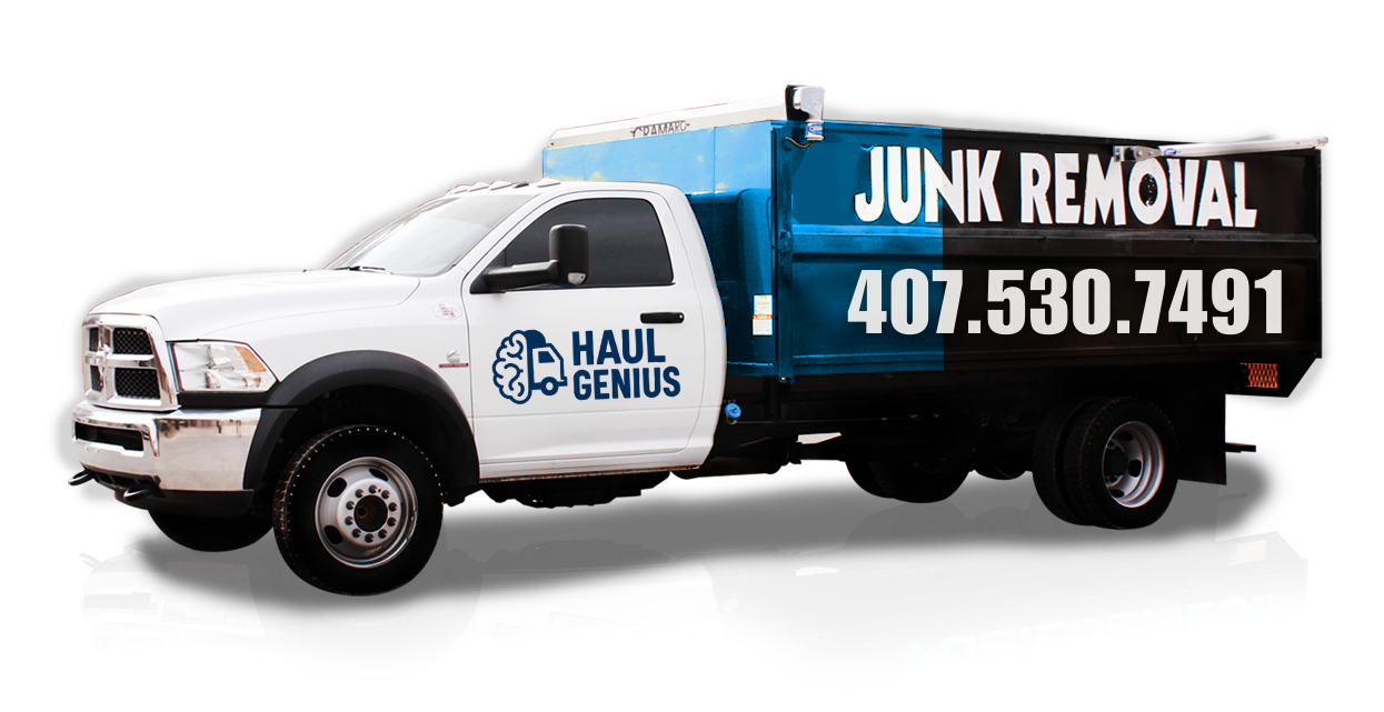 Haul Genius professional junk removal truck with branded logo providing fast and affordable junk hauling services in Sanford, Florida