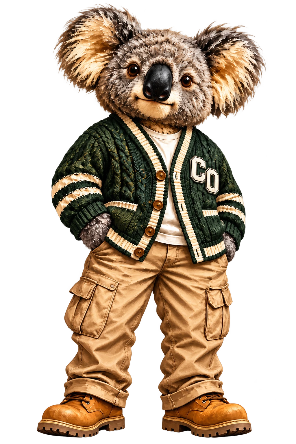 The WALA koala in a forest-green varsity cardigan and tan trousers