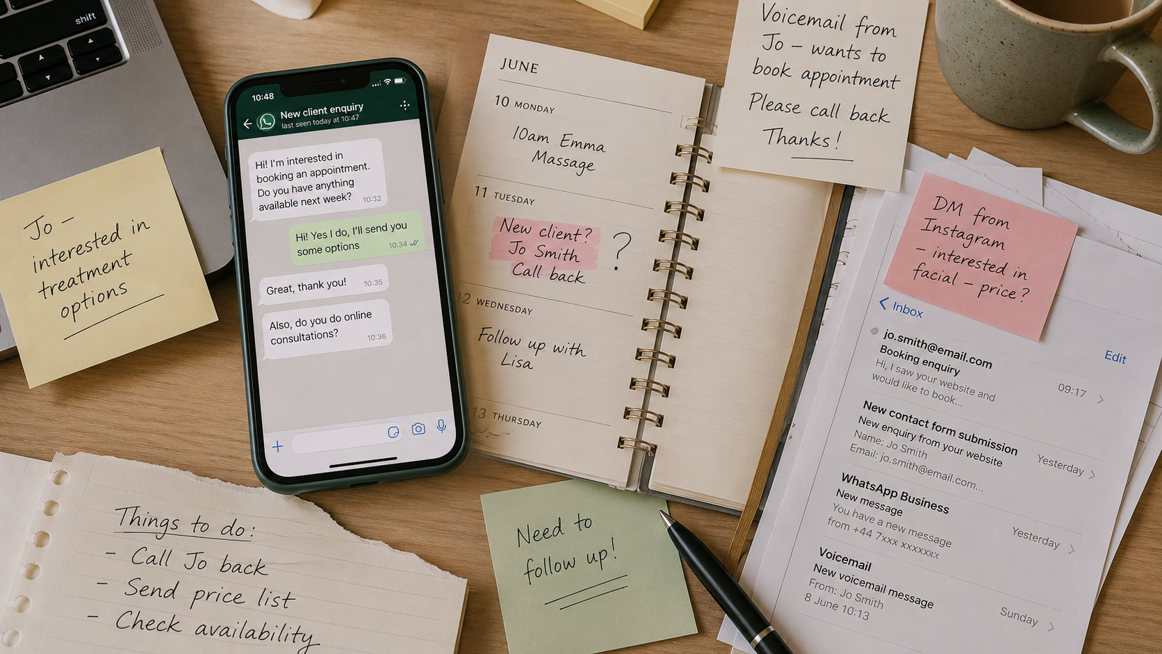 Enquiries scattered across email, WhatsApp, sticky notes and a diary
