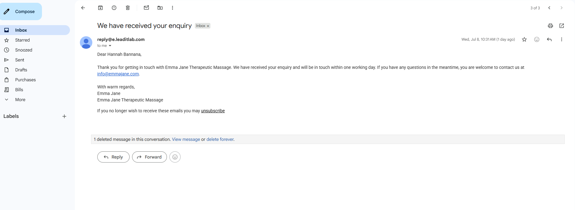 Enquiry acknowledgement email in Hannah's inbox