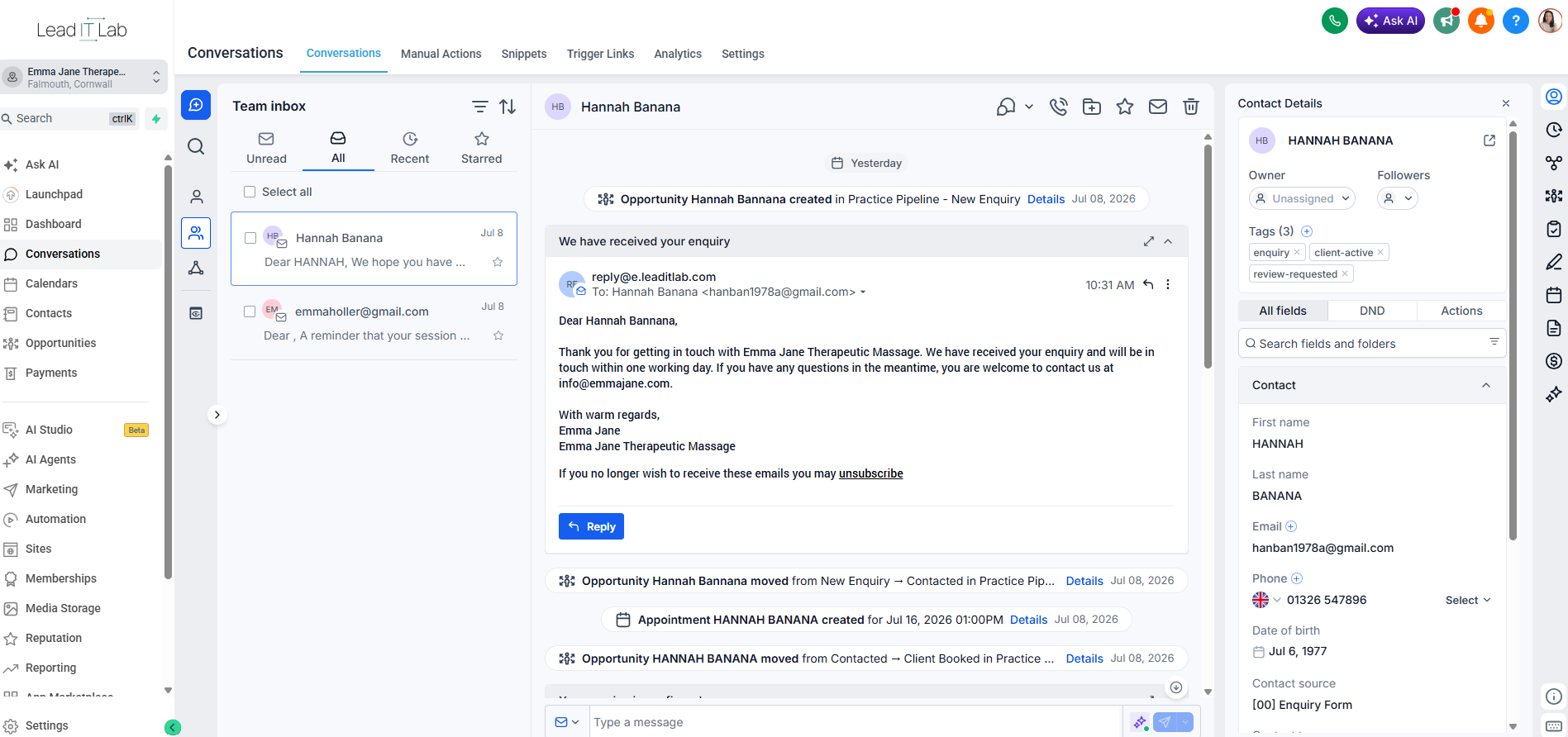 Conversation view showing the email was sent and opened
