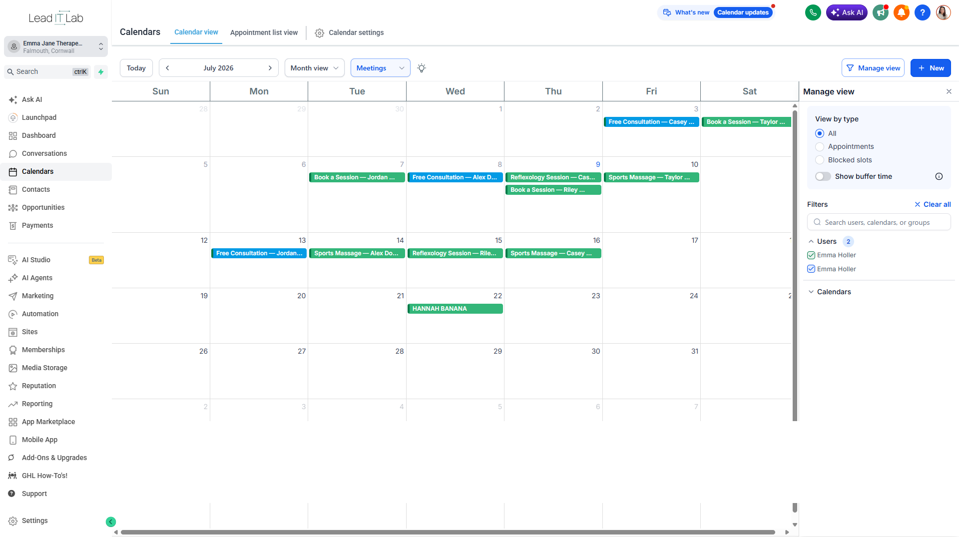 The appointment showing in the practice calendar